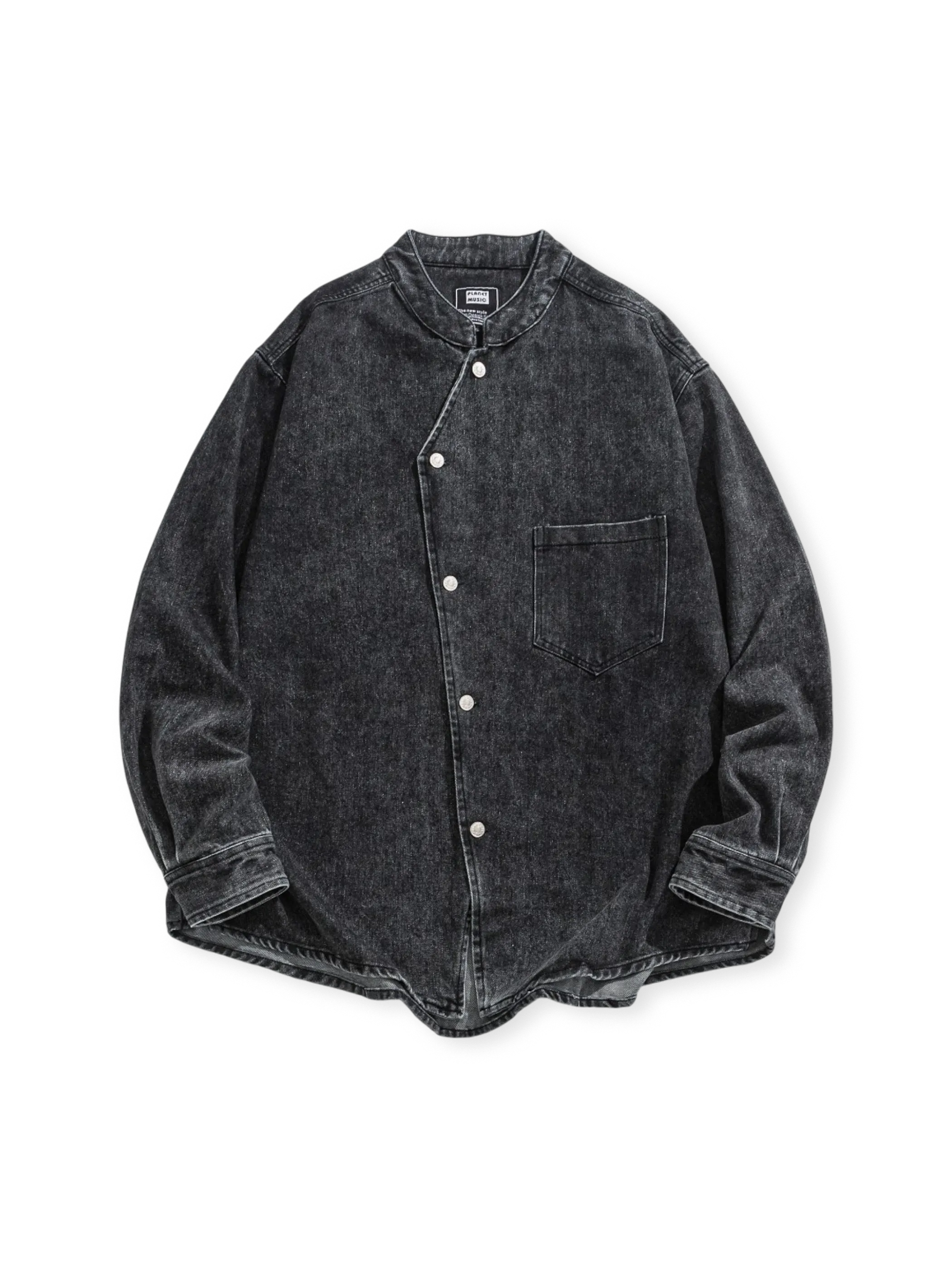 ヴィンテージウォッシュの立ち襟デニムシャツ全体外観