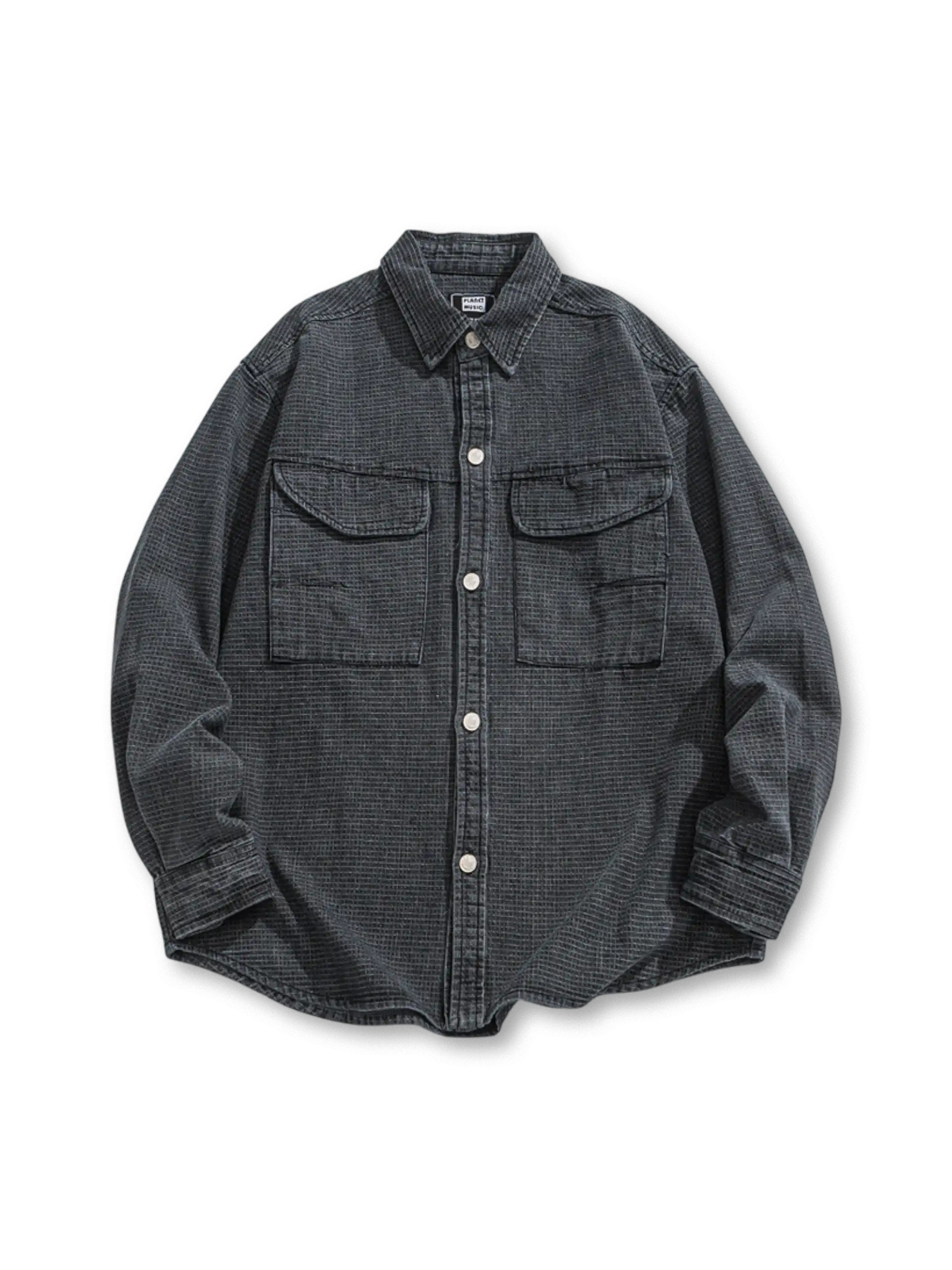 雪花柄ウォッシュ加工が施された長袖デニムシャツ全体像