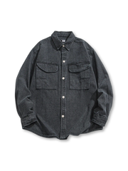 雪花柄ウォッシュ加工が施された長袖デニムシャツ全体像