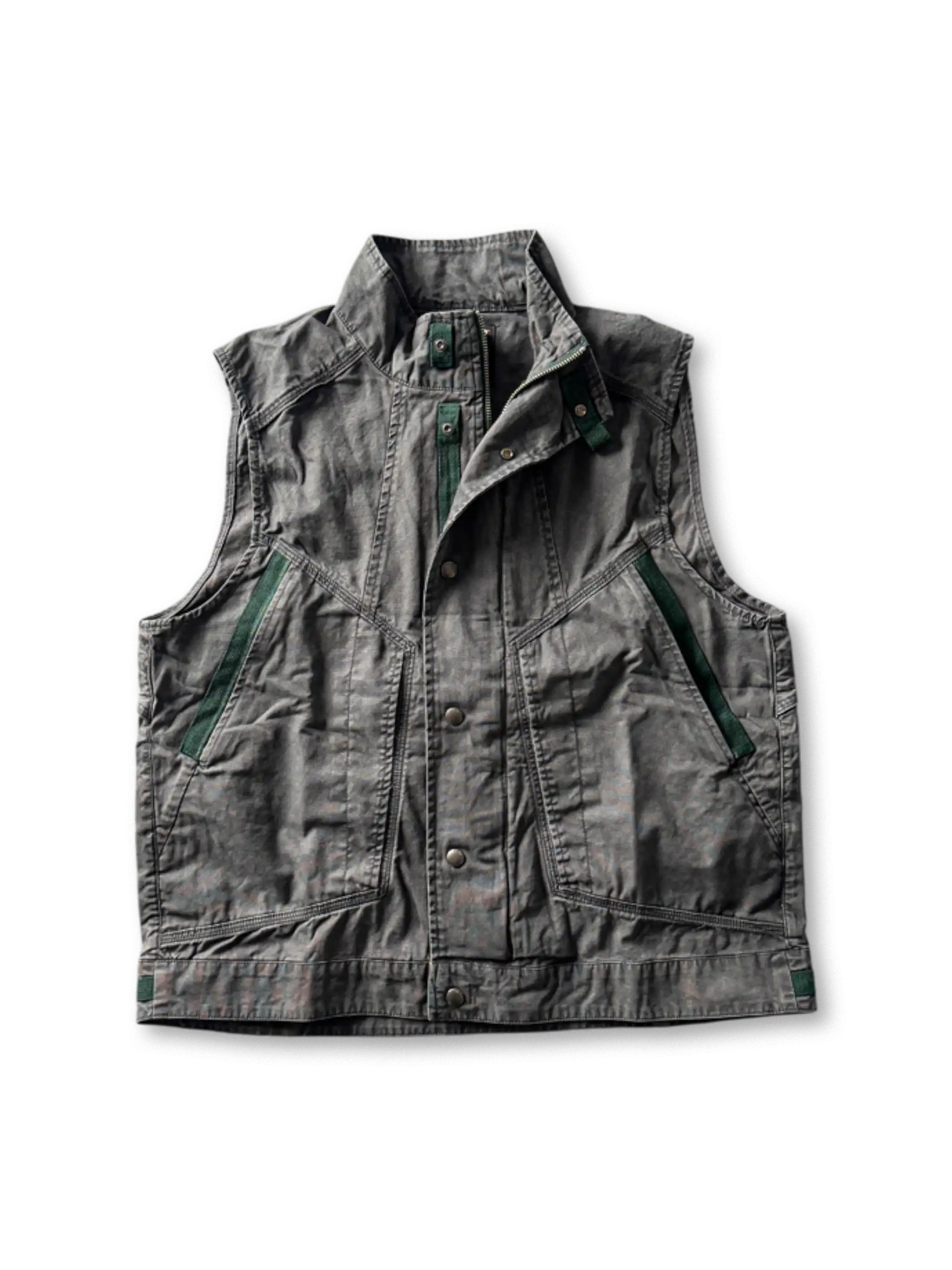 色落ち加工のワークベスト、配色ポケット付き