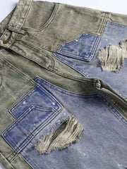 カラーブロックパッチワークヴィンテージデニムパンツ