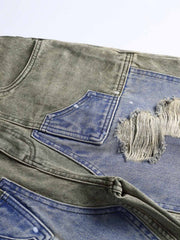 カラーブロックパッチワークヴィンテージデニムパンツ