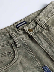 カラーブロックパッチワークヴィンテージデニムパンツ