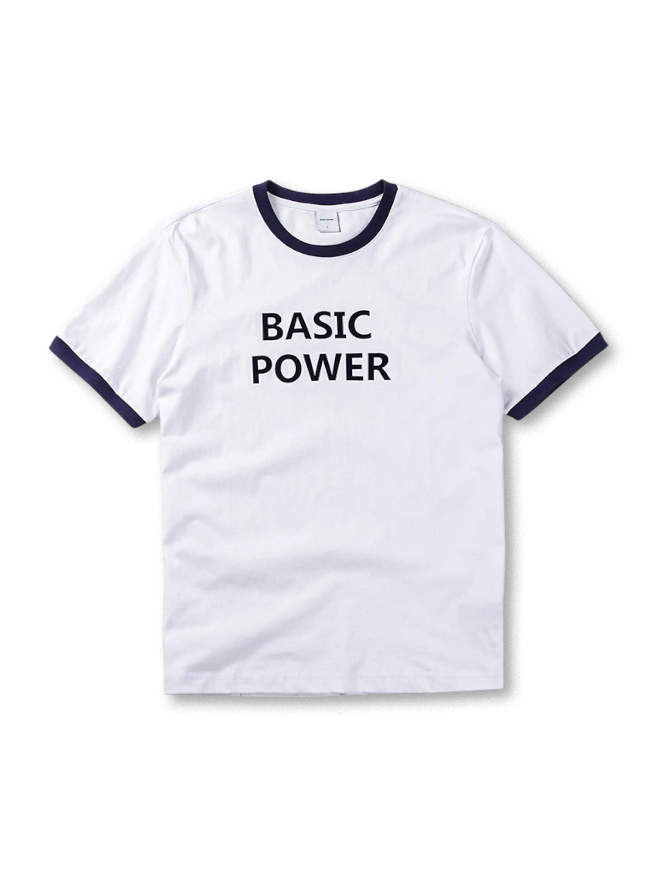 首元と袖口の配色が際立つリンガーTシャツ、フロントに「BASIC POWER」プリント