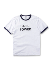 首元と袖口の配色が際立つリンガーTシャツ、フロントに「BASIC POWER」プリント