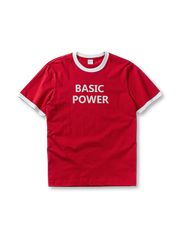 首元と袖口の配色が際立つリンガーTシャツ、フロントに「BASIC POWER」プリント