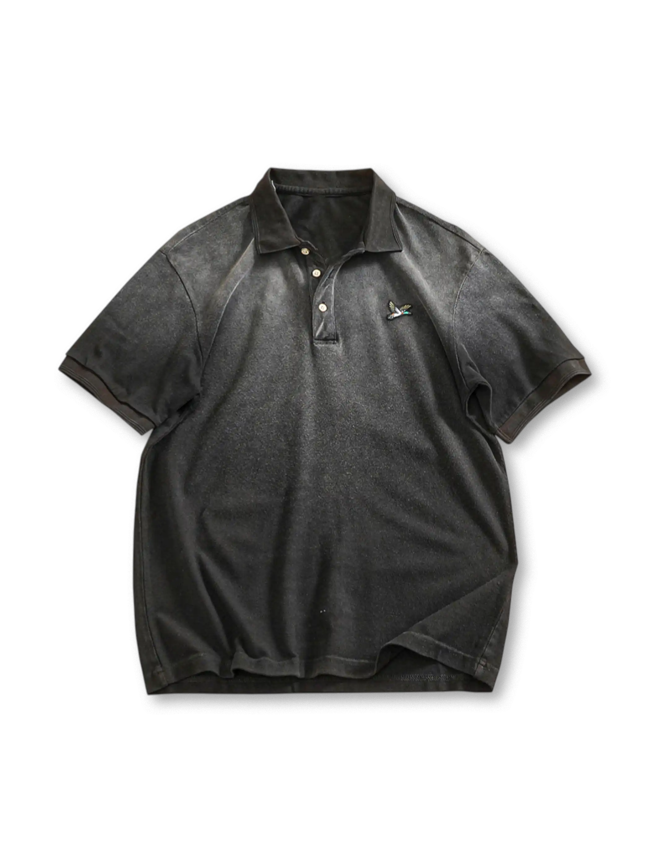 フェードブラックポロシャツ メンズ 半袖 ラグラン ヴィンテージ加工 重厚素材