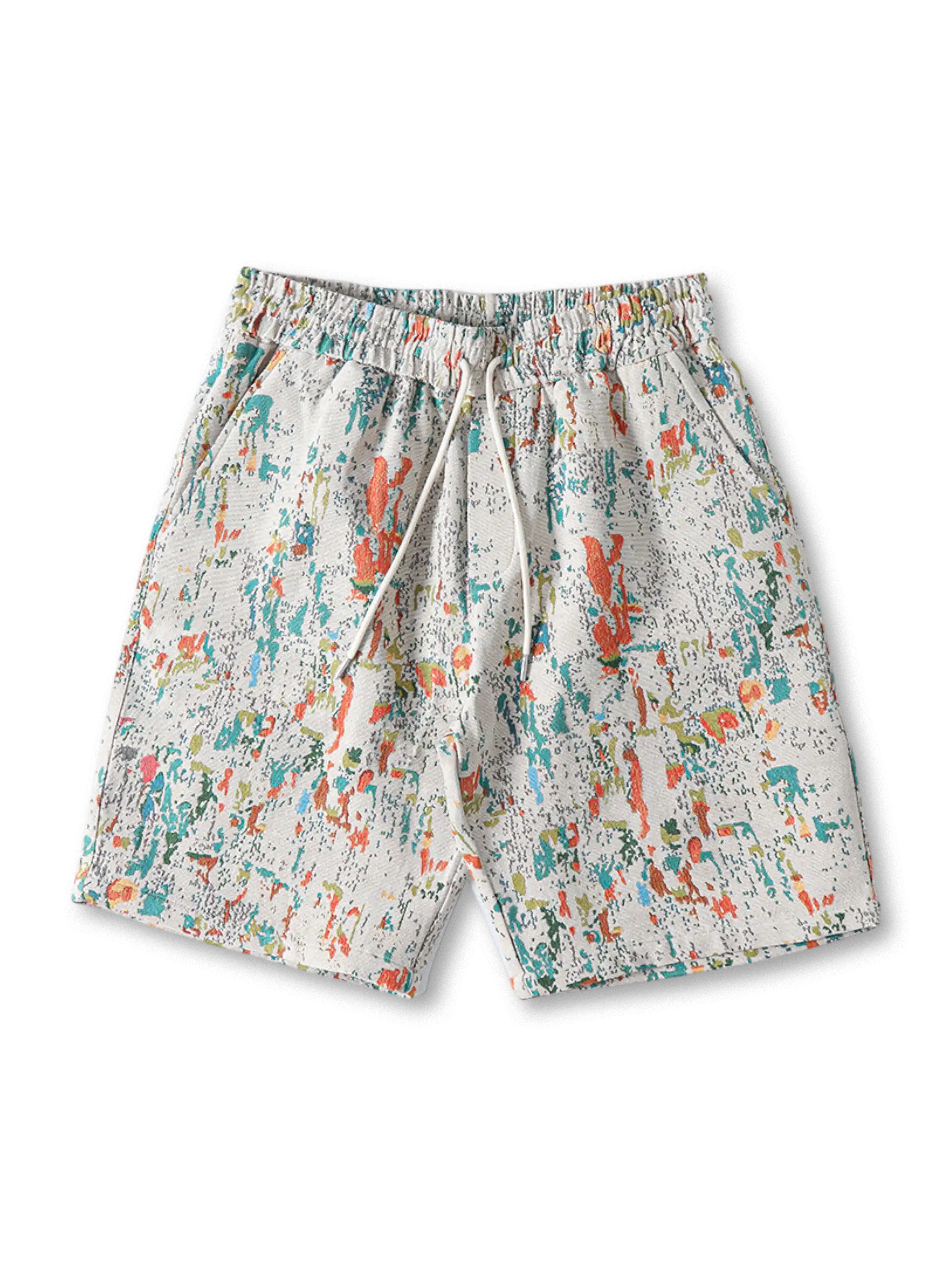 レトロなドパミンカラーのジャカード織ショーツ。軽量ポリエステル素材でドローストリング付きウエスト。ストリートとヴィンテージアートが融合したデザイン。