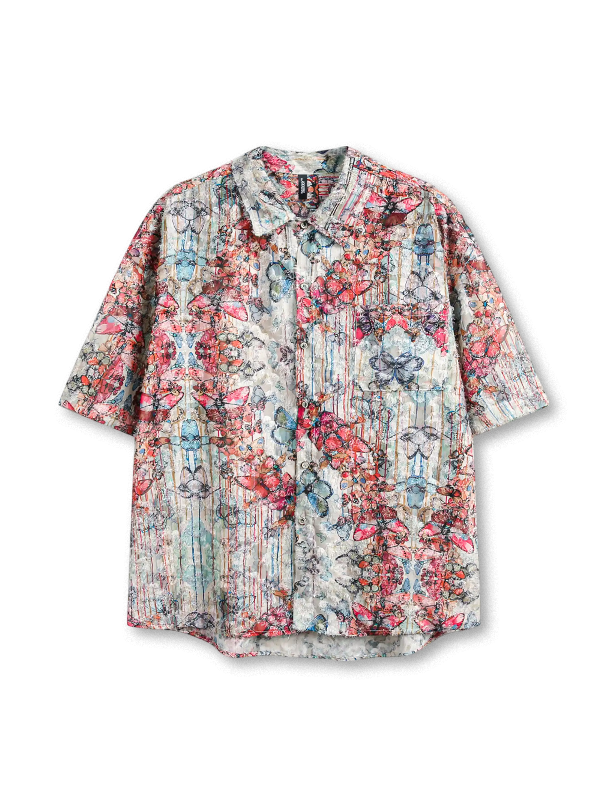 タッセルトリムとジャカード織りが特徴の五分袖半袖シャツ、隠しポケット付き