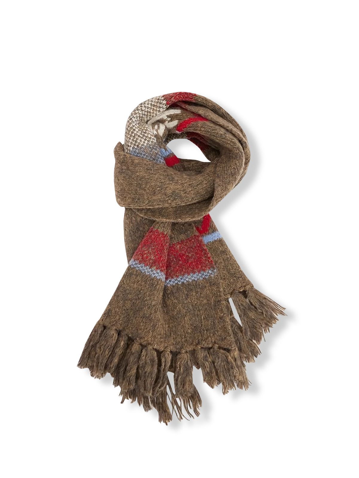 フェアアイル編み柄とフリンジが特徴の暖かいマフラー