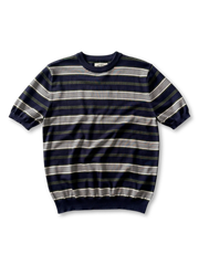 4色展開のヴィンテージストライプTシャツ、太めのボーダー柄とリブ仕上げが見える
詳細画像: ニット素材のライセル生地、クルーネックと袖リブの縫製ディテールがわかるクローズアップ