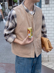 水洗い加工ヴィンテージコーデュロイ単列ボタンベスト