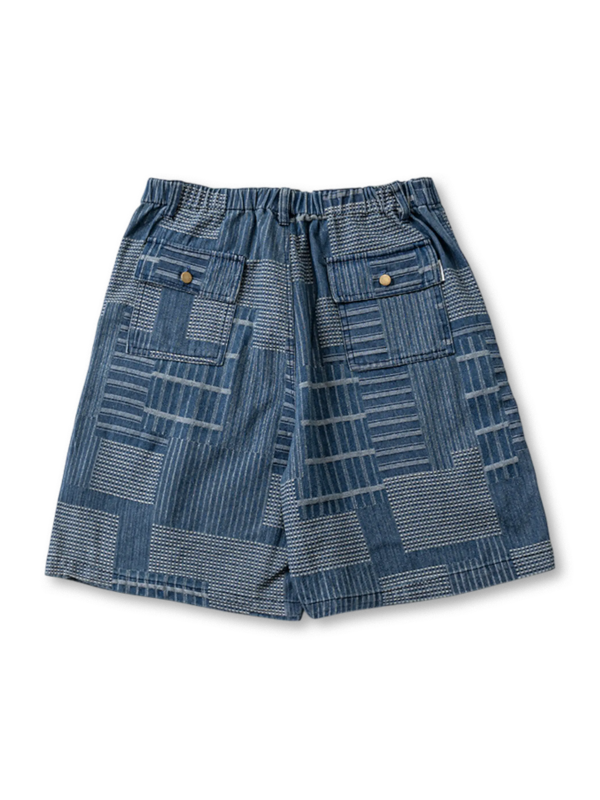 マドラスチェック柄パッチワークデニムショーツ