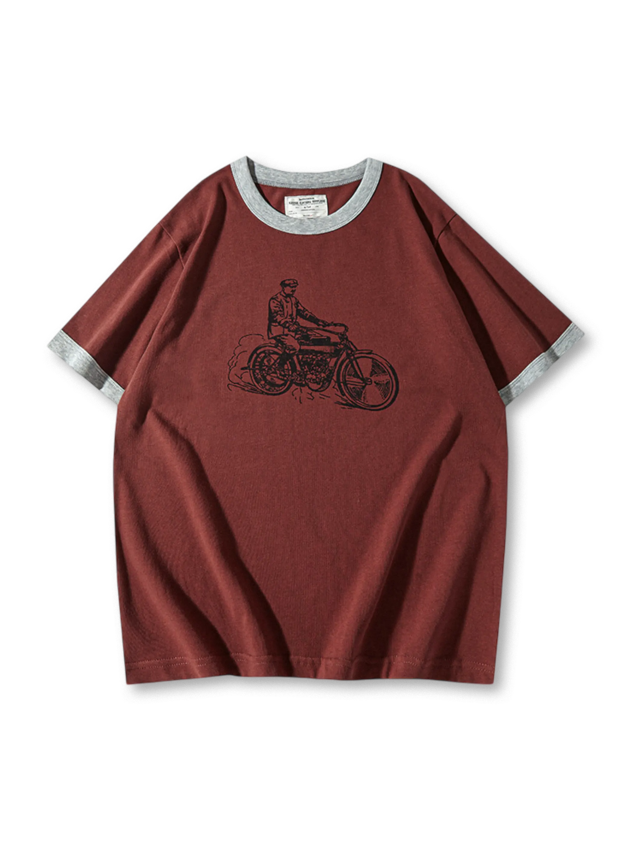 旧式バイクプリントと配色リブが映える210gリンガーTシャツ