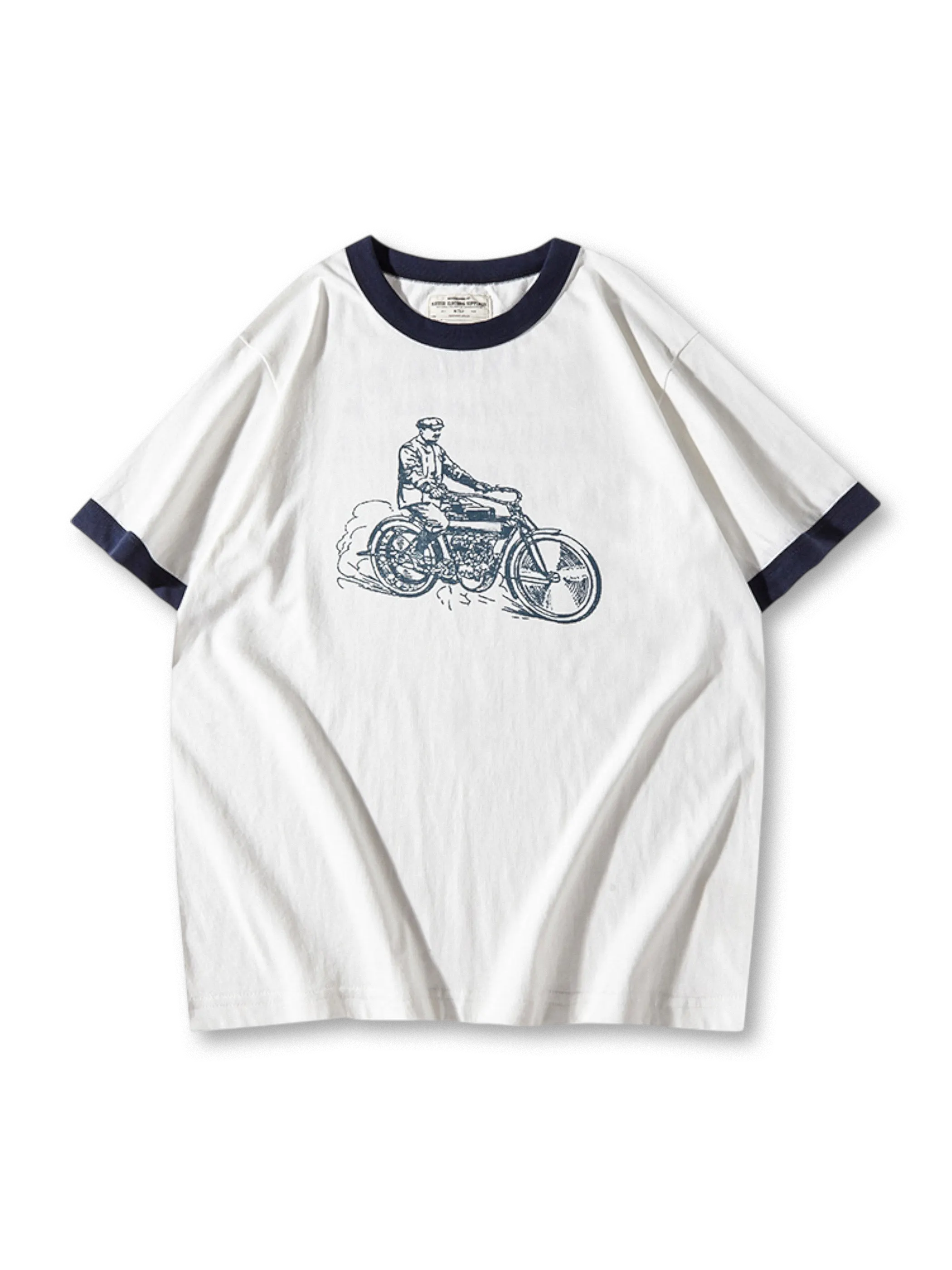 旧式バイクプリントと配色リブが映える210gリンガーTシャツ