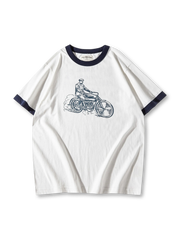 旧式バイクプリントと配色リブが映える210gリンガーTシャツ