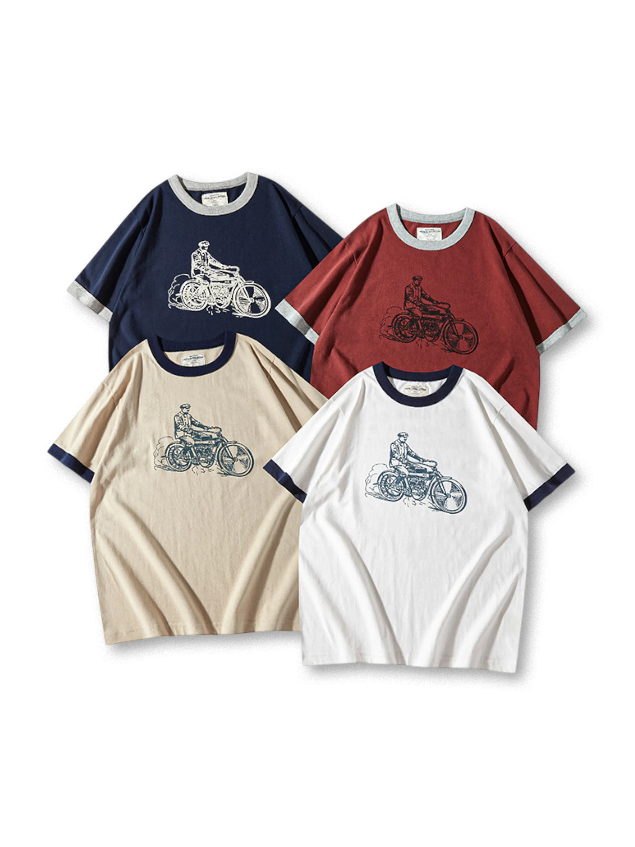 旧式バイクプリントと配色リブが映える210gリンガーTシャツ