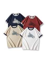 旧式バイクプリントと配色リブが映える210gリンガーTシャツ