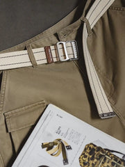 ネイビー×ホワイトのストライプ編み込みベルト、ブラウンレザー付き先端