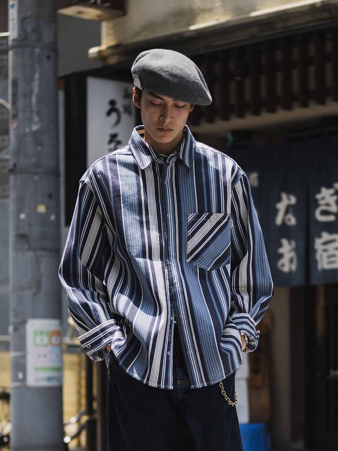 ヴィンテージ重厚ブルー&ホワイトストライプシャツ全体外観