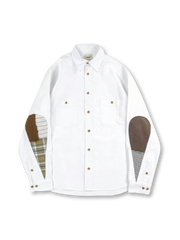 水滴型パッチワークが施されたオックスフォードシャツ全体像。肘部分のパネルが特徴的