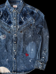 多種素材をパッチワークしたデニムウエスタンシャツのフロント全体