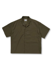 ネイビーブルーの抗シワミックスキューバカラー半袖シャツ正面全体