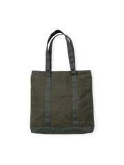 オリーブグリーン24オンスキャンバスのTalonジップ付きヴィンテージトートバッグ、前面フラップポケットと長めの肩紐の詳細。