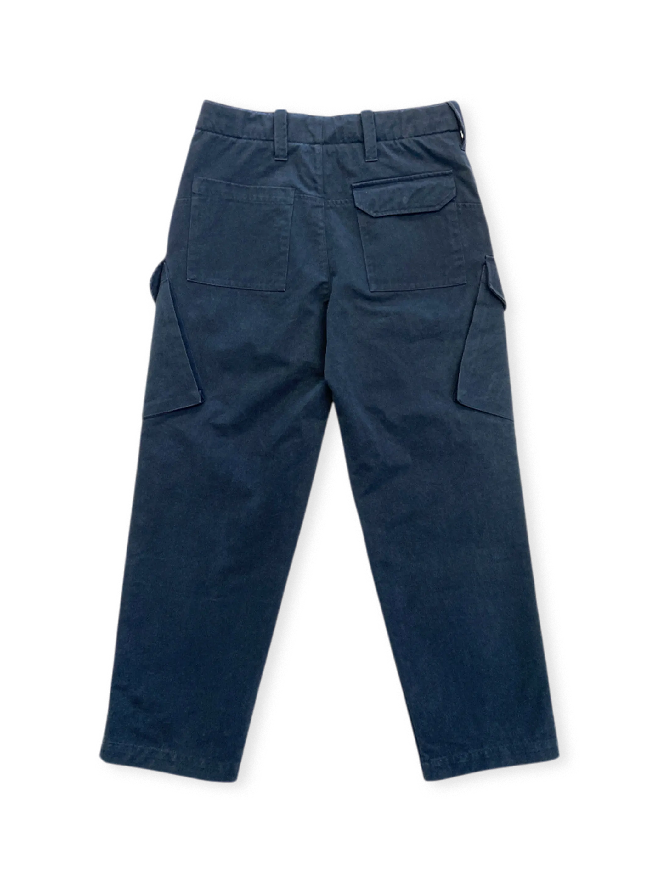 ロイヤルネイビーコンバットカーゴパンツ全体外観、ストーンウォッシュ加工、大型斜めポケット。