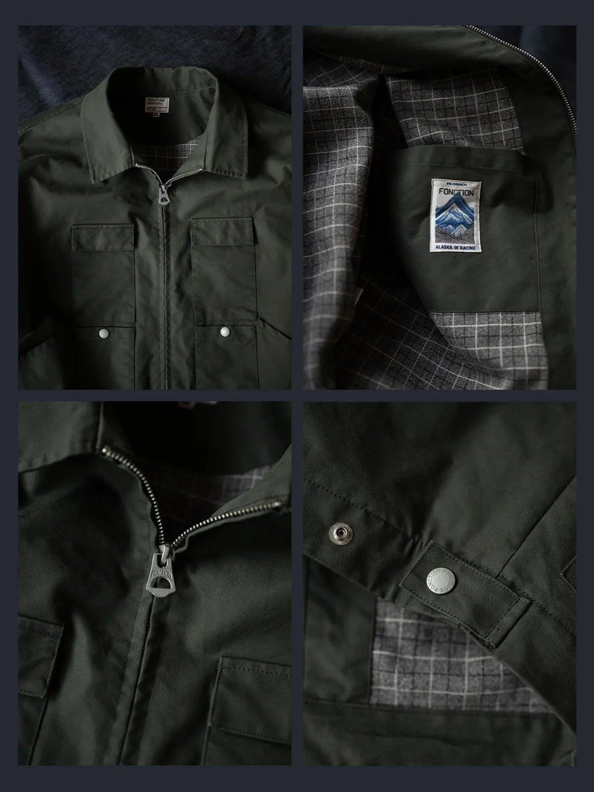 1930’sモーターサイクルジャケット、オリーブグリーンのSandstone Duck生地と多ポケットデザイン。詳細画像:YKK定製ボタン、酵素洗い加工のシワと色落ち、裏地の毛毡格子ディテール。モデル画像:モデルがジャケットを着用し、カジュアルなミリタリースタイルを演出。