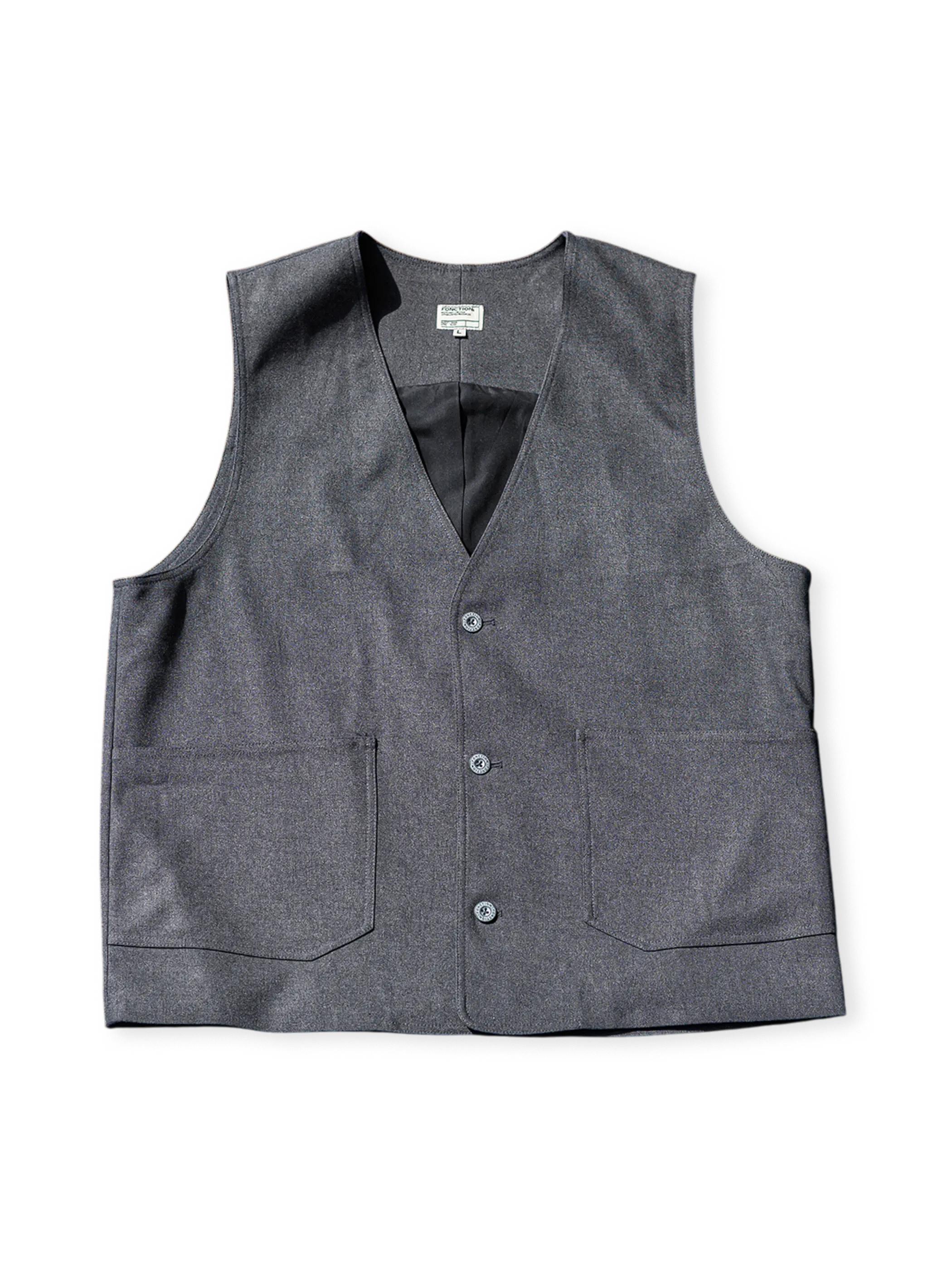 改良紳士ヴィンテージベスト、シングルブレストノーネクタイデザイン、厚手の人字斬文または花灰生地とハンティングポケット風ディテール。
