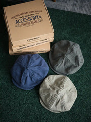 250gヘリンボーン生地を酵素洗いでヴィンテージ加工した、頭囲の大きい方向けのニュースボーイキャップ。