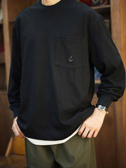 船錨刺繍丸首ポケット長袖Tシャツ
