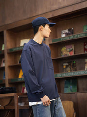 船錨刺繍丸首ポケット長袖Tシャツ