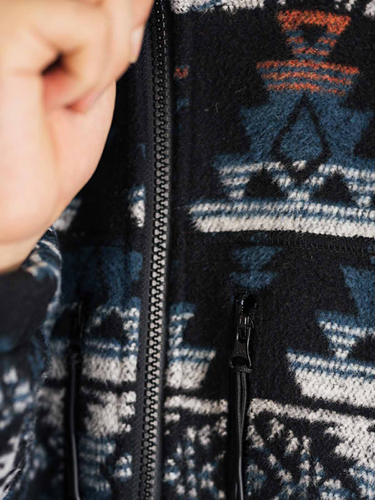 幾何学模様とジッパーポケットのディテール特写