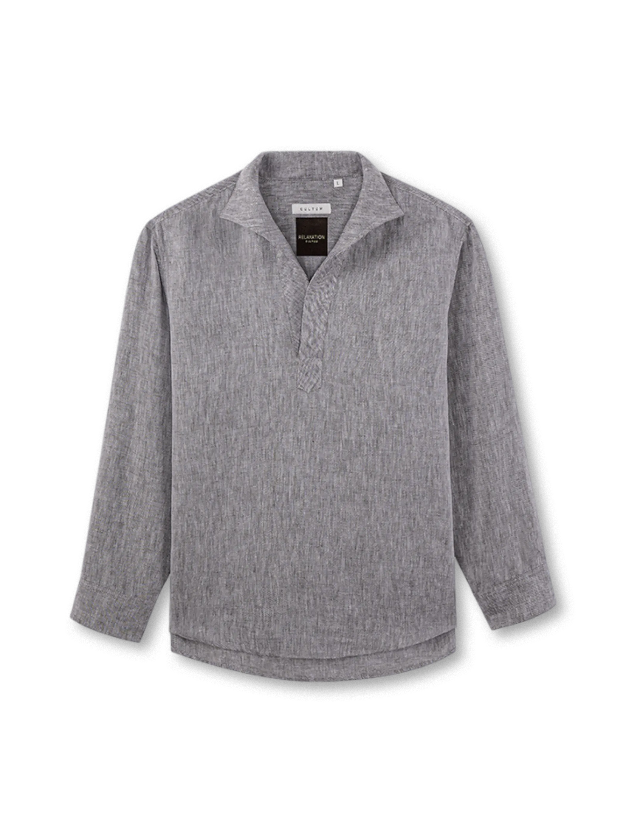 グレーのリネン一片襟スキッパーシャツ