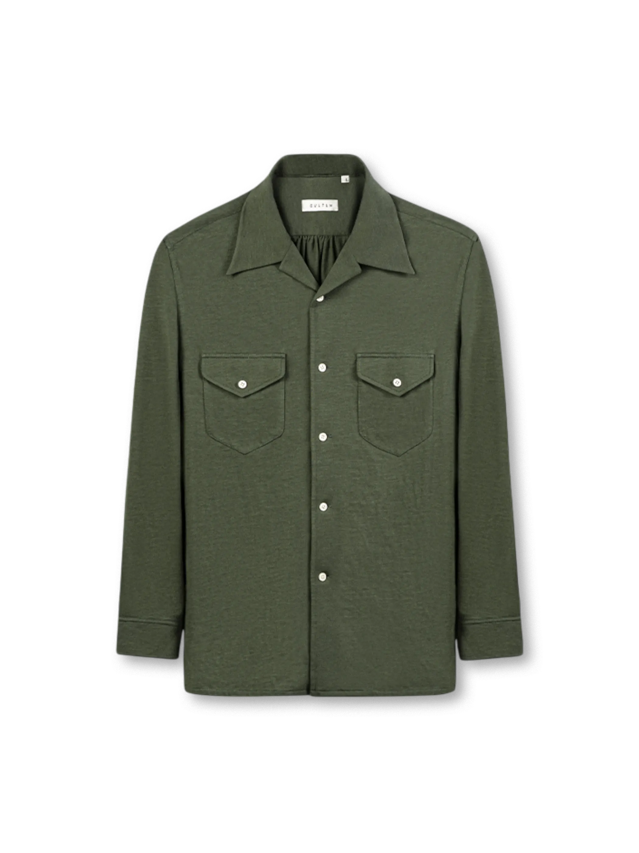 テラコッタブラウンのキューバンカラー長袖シャツ