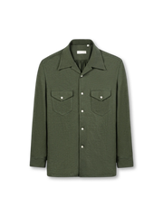 テラコッタブラウンのキューバンカラー長袖シャツ