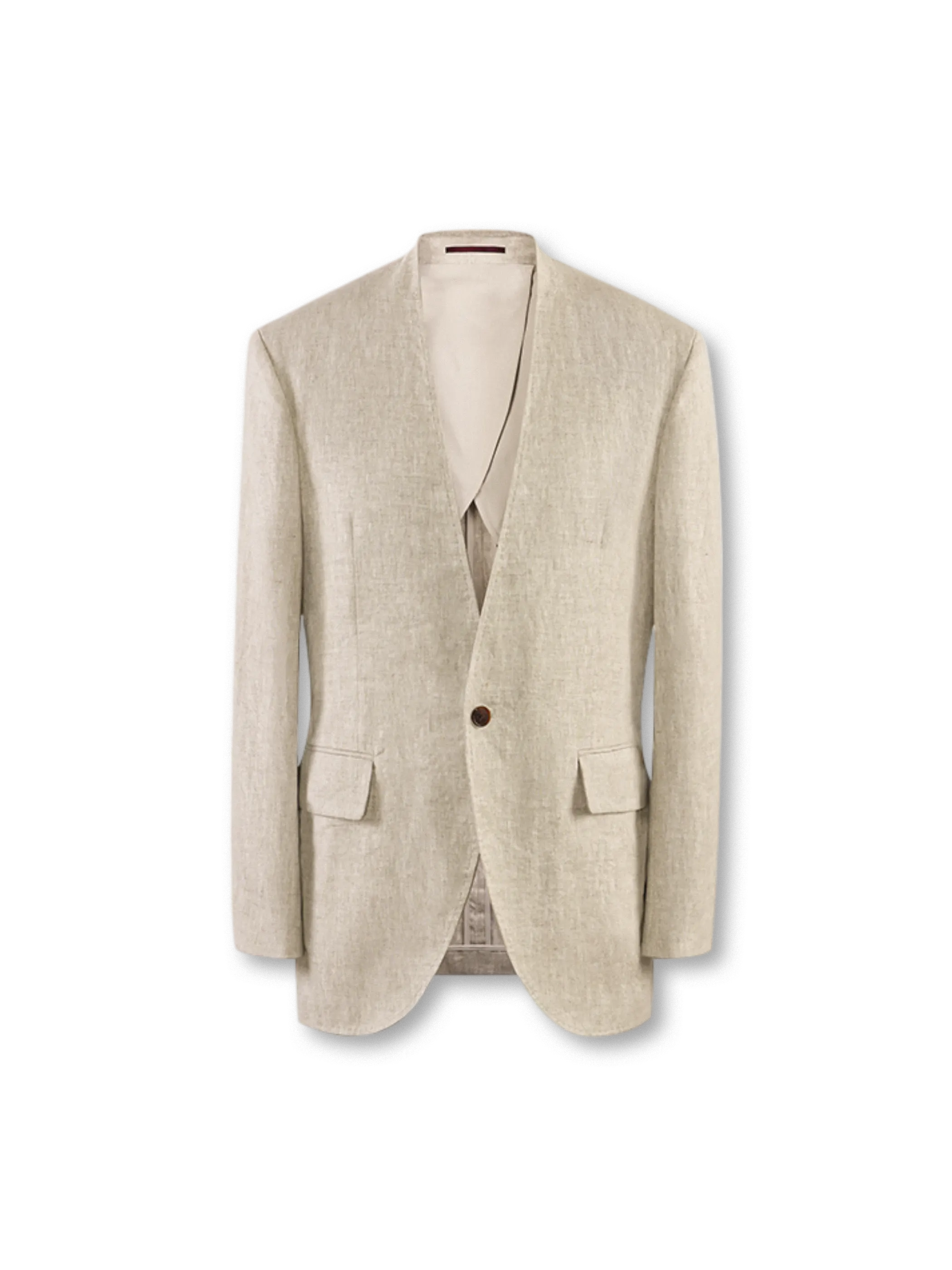 ベージュのノーラペルリネンジャケット&ハイウエストパンツセット