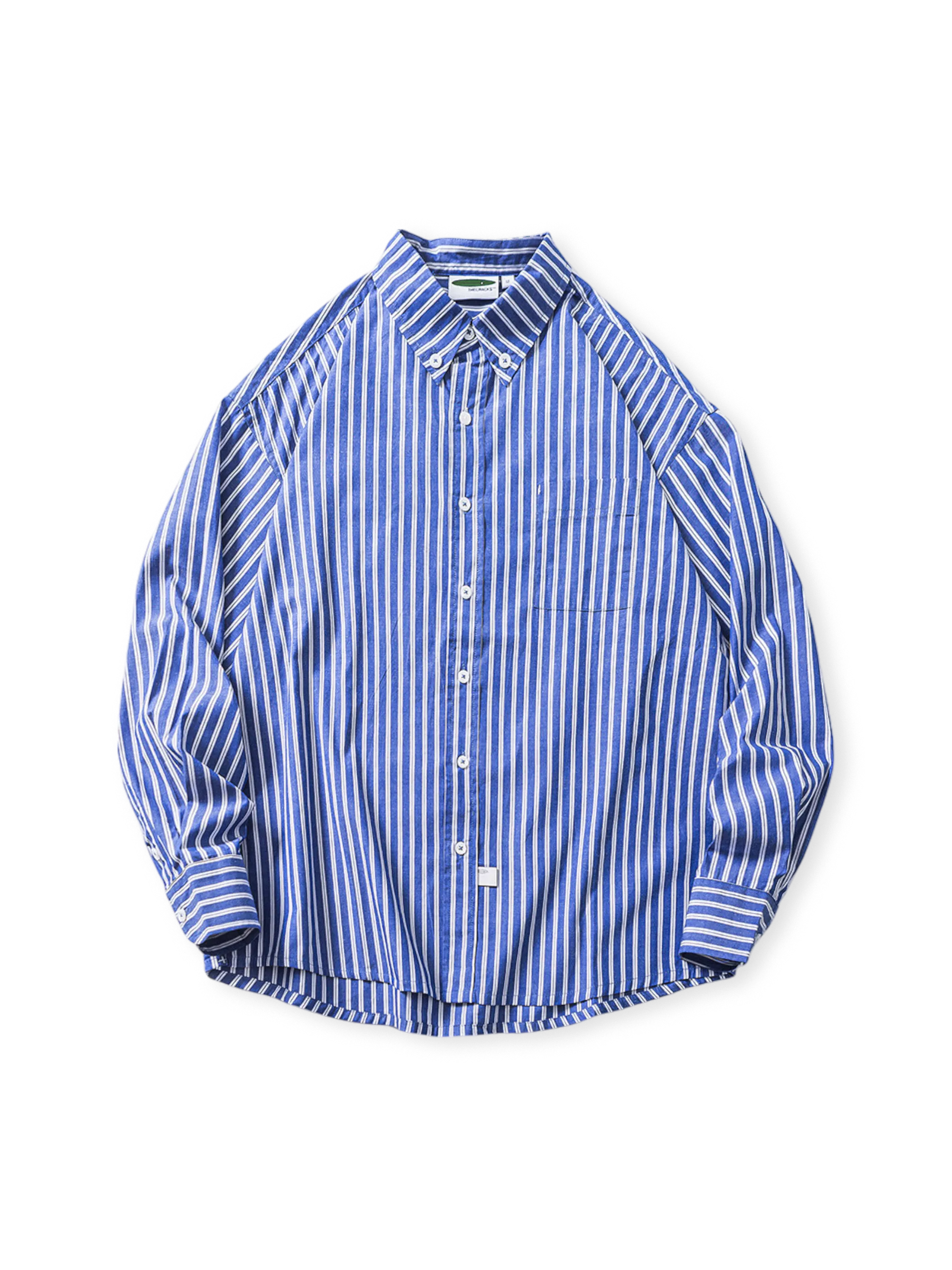 カラーブロックストライプのルーズシャツ、チェストポケット付き。