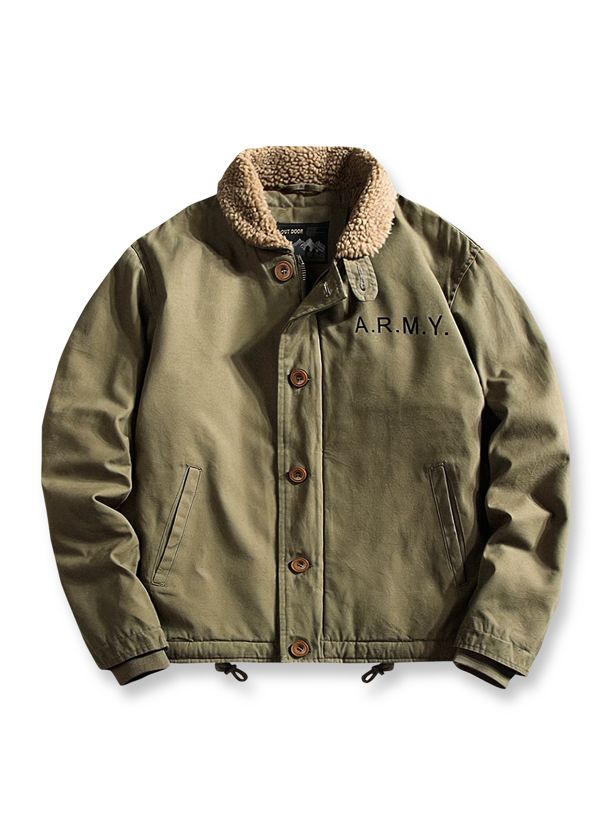 WWII米軍N-1デッキジャケットを再現した中綿入り防風ジャケット。ボタンとジッパーの二重構造、刺繍入り。