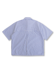 前面から見たブルーストライプパッチワークオックスフォードシャツ