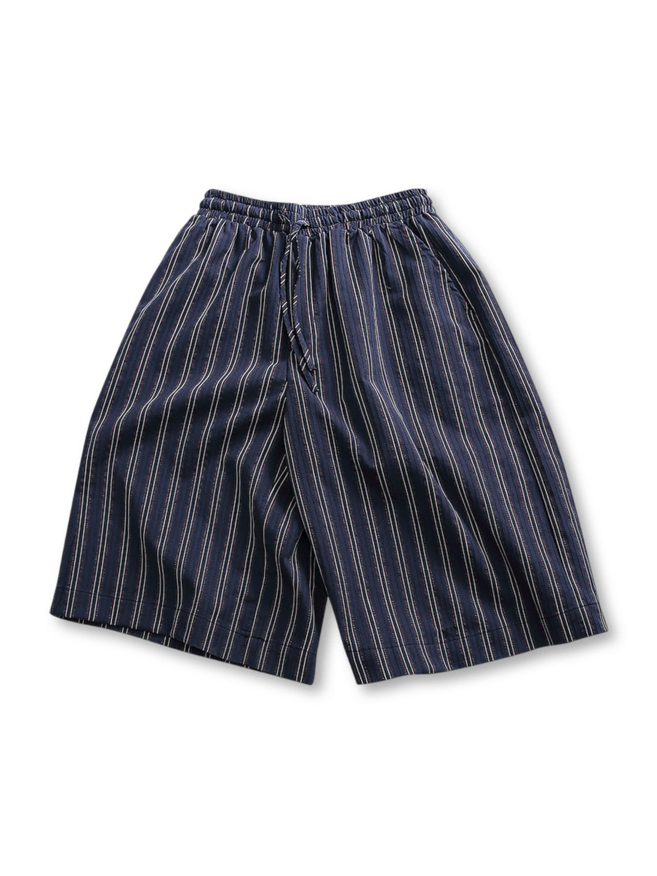 グレーとネイビーの織り柄縦ストライプショーツ2色展開、ドローコードウエスト