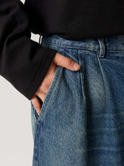 レトロダブルプリーツデニムパンツ