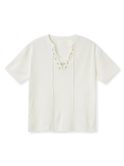 ビスコースレースアップVネックニットトップ