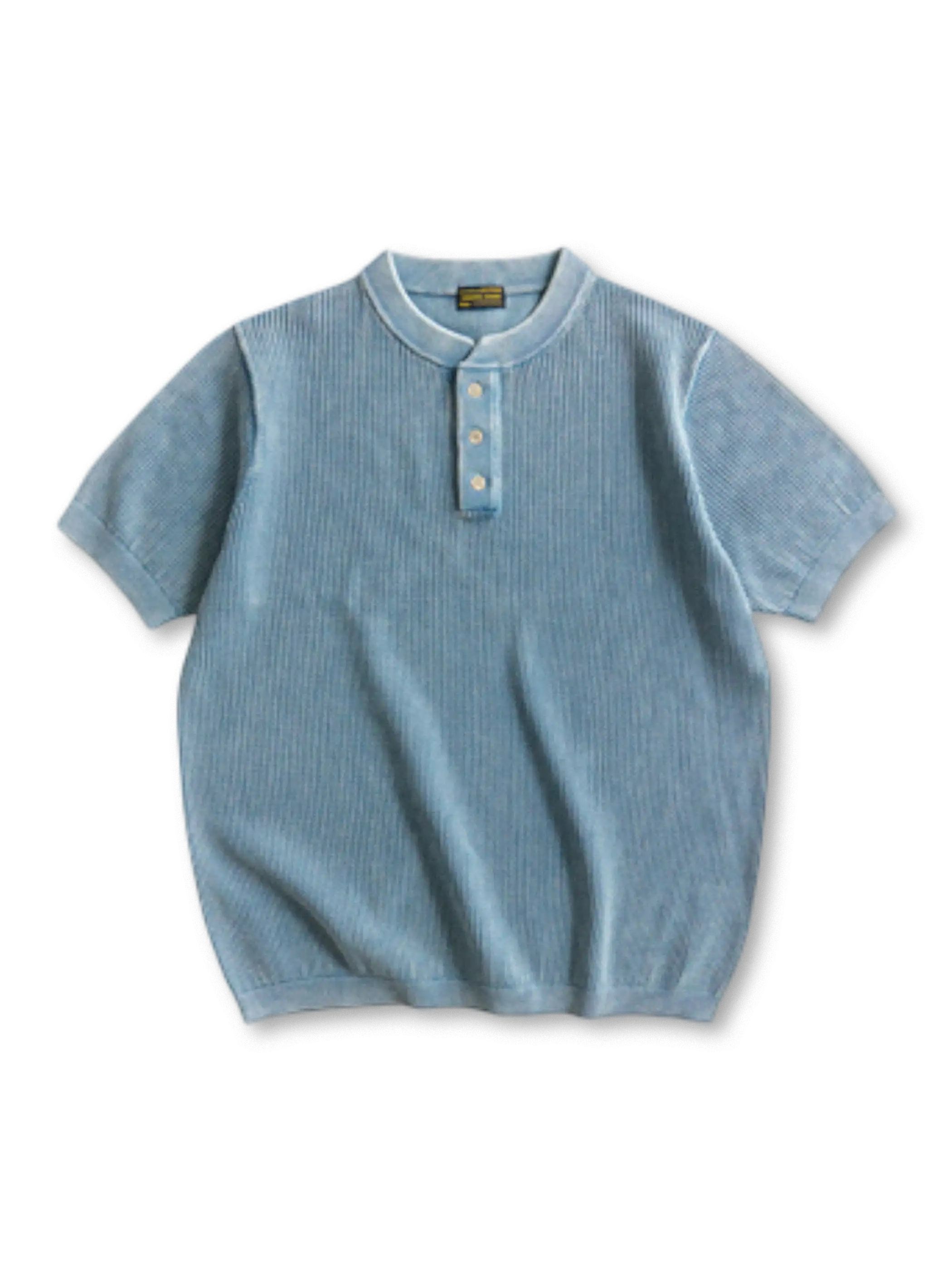 グリッド編みグレーのヘンリーネック半袖Tシャツ