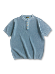 グリッド編みグレーのヘンリーネック半袖Tシャツ