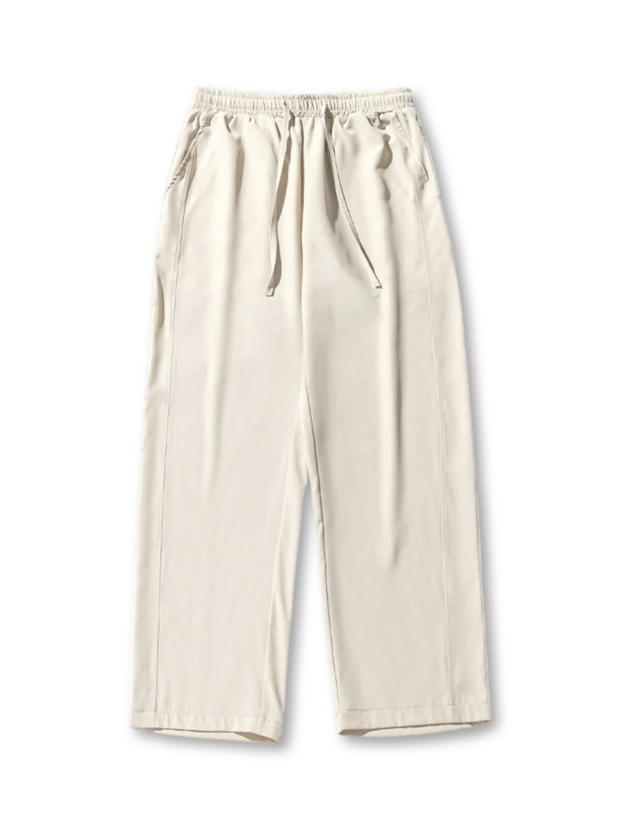 クールアイスシルクイージーパンツの全体像、ドローストリングウエストとストレートレッグが見える