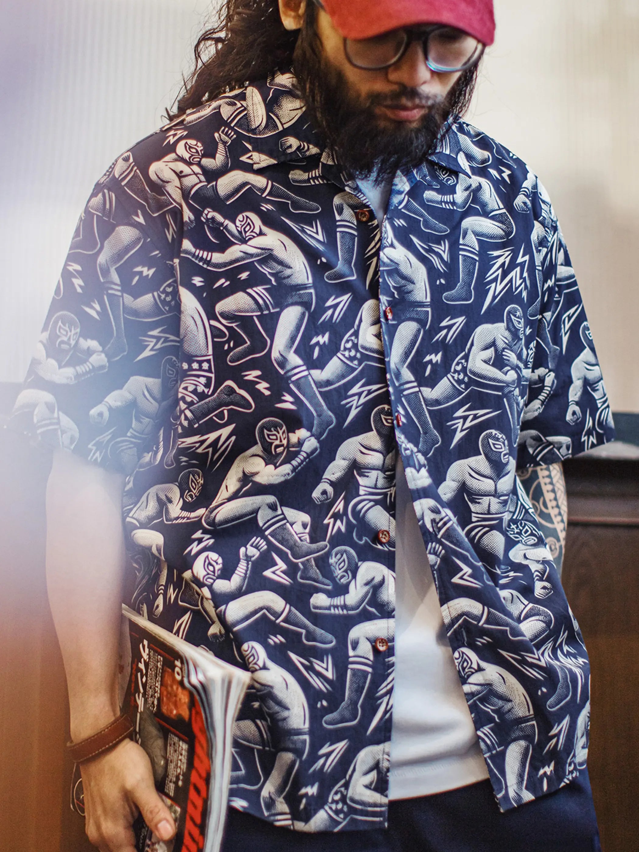 マスクレスラー総柄アロハシャツ正面ビュー
