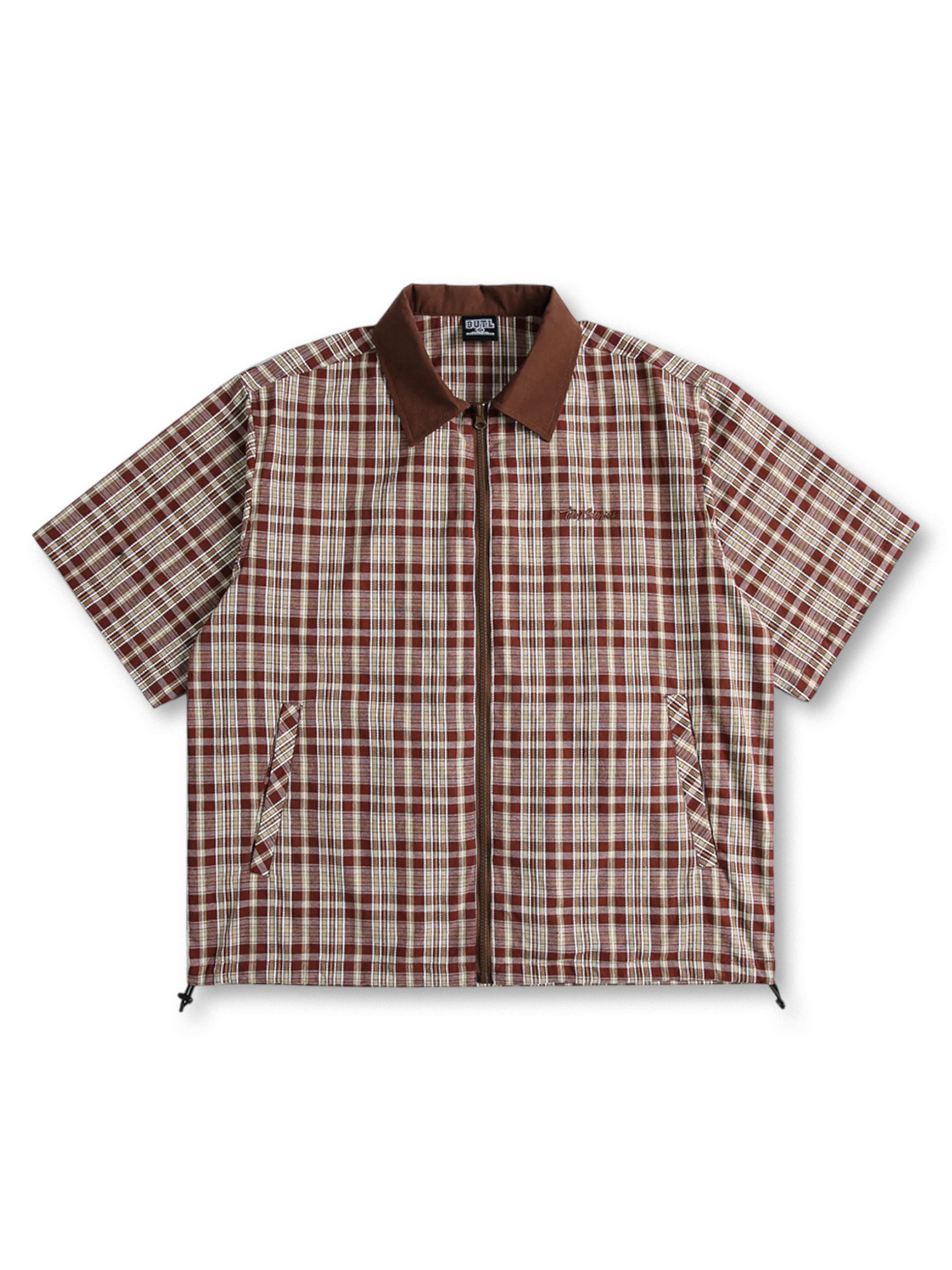 ブラウンとサックスのチェック柄にコントラスト襟とジップフロントを配したワークシャツ正面図